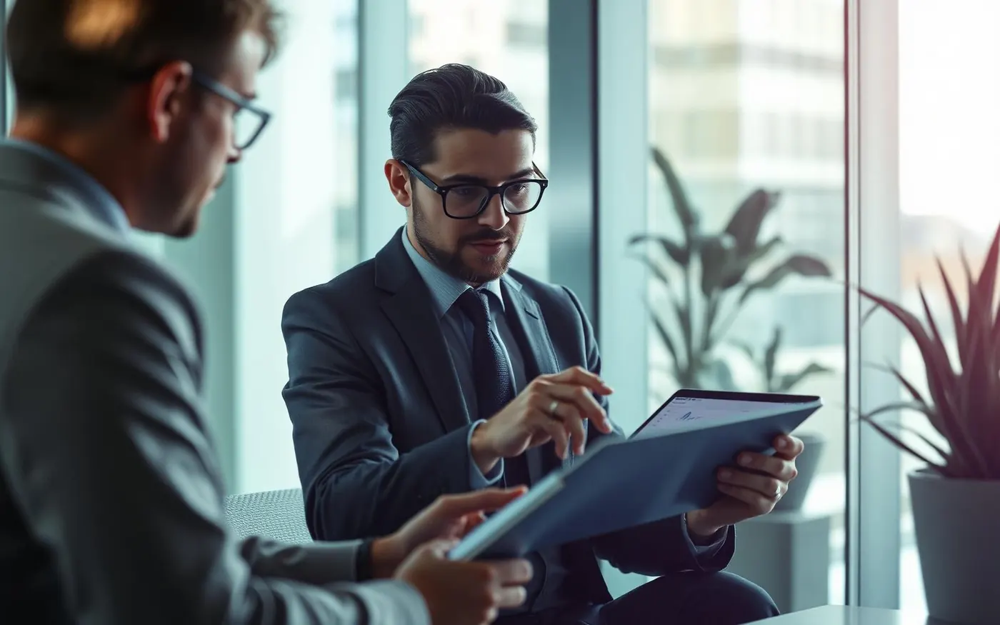 Advisors reviewing intelligent infrastructure for financial services